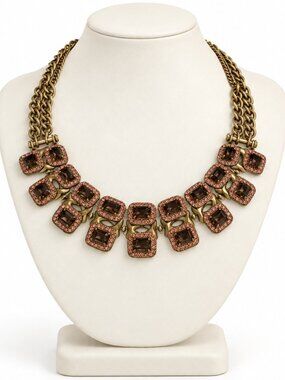 Sorrelli Pink Smoky Crystal Bib Statement Necklace Antique Gold Tone NWT